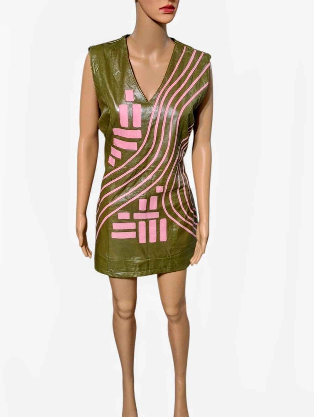 Olive Green Leather Shift Dress with Pink Graphic Inlay